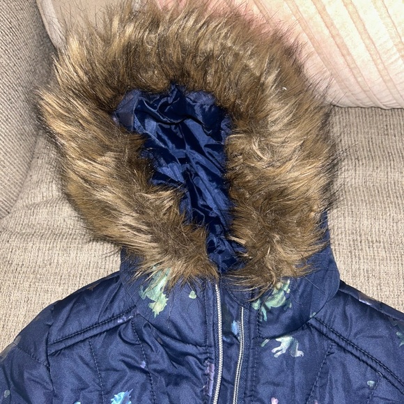 Navy Unicorn Print Puffer Jacket with Fur Hood girls size 6x - Picture 3 of 5